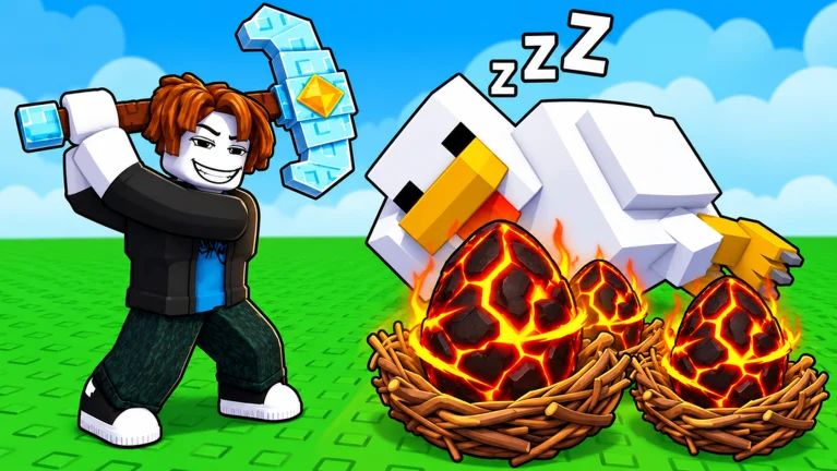 Break and Steal an Egg Roblox thumbnail of the lava egg and a block chicken